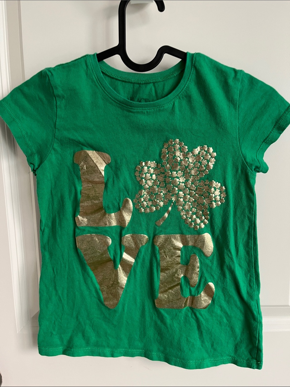 Place Green Tee with Metallic Gold LOVE and Clover